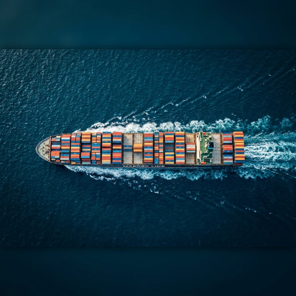 Aerial cargo container ship cutting dark water