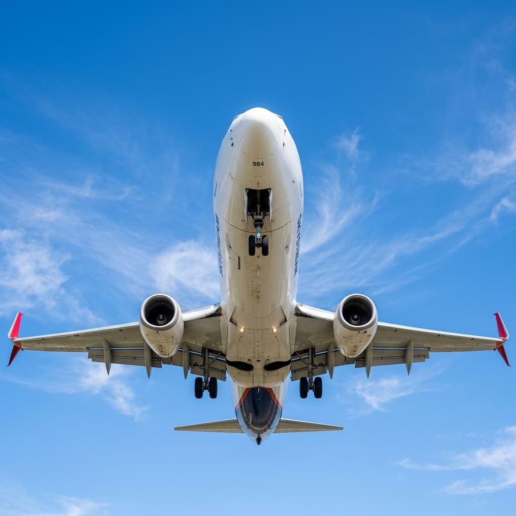 Commercial airplane nose against blue sky